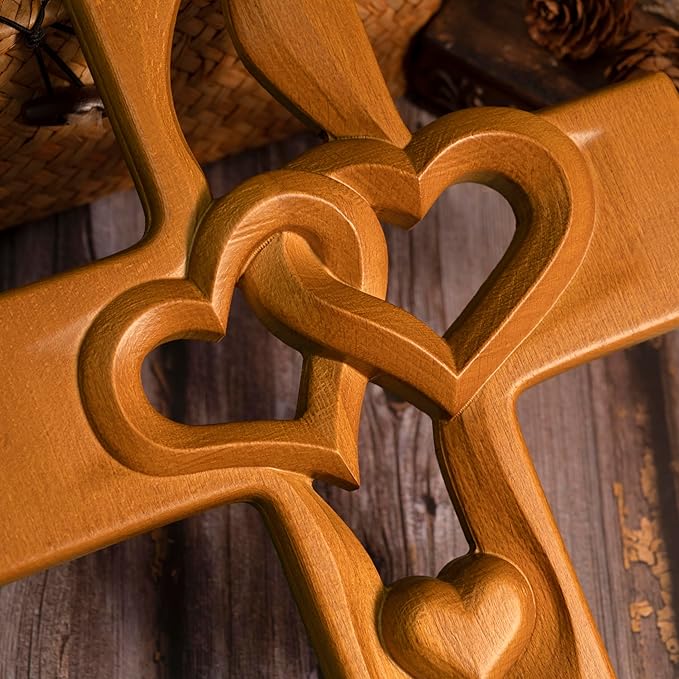 BGCOPPER Marriage Cross for Wall Love Wall Decor, Handmade Wooden Intertwined Heart Wall Cross for Wedding Valentine Christmas Gift (Wood, 10 Inch)