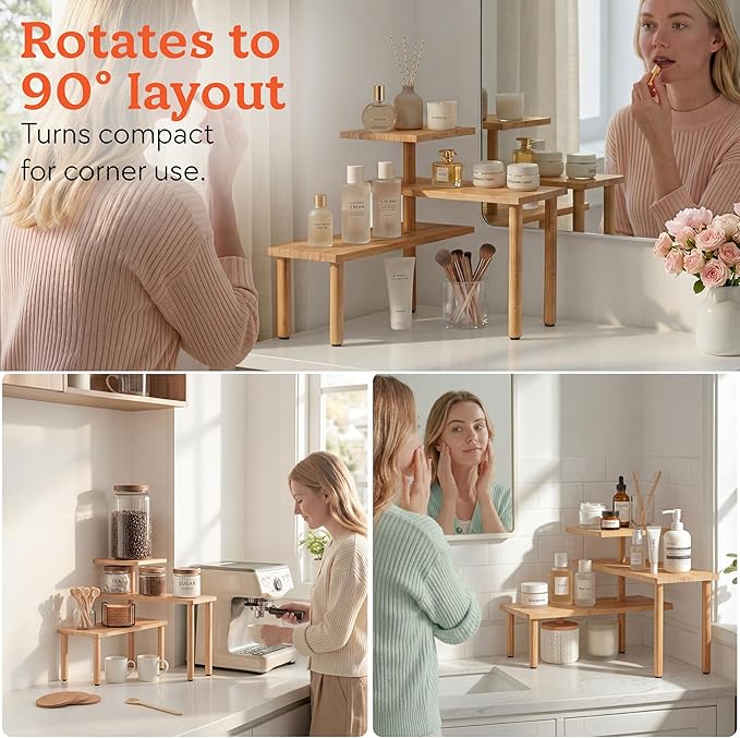 HOMESTEAD 3-Tier Bamboo Corner Shelf Organizer, 90° or 180° Layout Countertop Organizer for Kitchen, Bathroom, Coffee Bar, Spice Rack, Space Saving Storage Shelves, Adjustable Leveling Feet