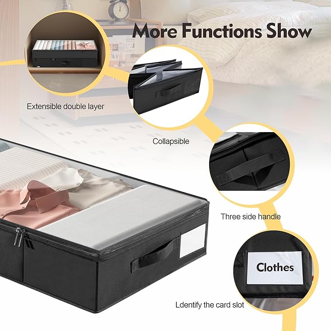 Large Under Bed Storage Containers, 2-Pack Double Layer Underbed Storage Bins with 3 Handles, 70L Extensible/Closed Clothes Storage Organizer with Sturdy Bottom Sidewalls, Black