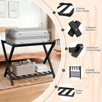 26.77"L Luggage Rack, Black Luggage Rack for Guest Room, Bamboo Folding Suitcase Stand with Storage Shelf, 5 Nylon Straps, Heavy Duty Luggage Holder for Bedroom Hotel, 1 Pack, Gift Box Packaging