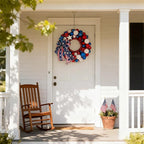 HipTree 16 Inch Patriotic Ball Wreath for Front Door with Lights, 4th of July Wreath with Red White Blue Stars & Ribbon for Memorial Day, Independence Day,Veterans Day, Flag Day,Summer Decorations