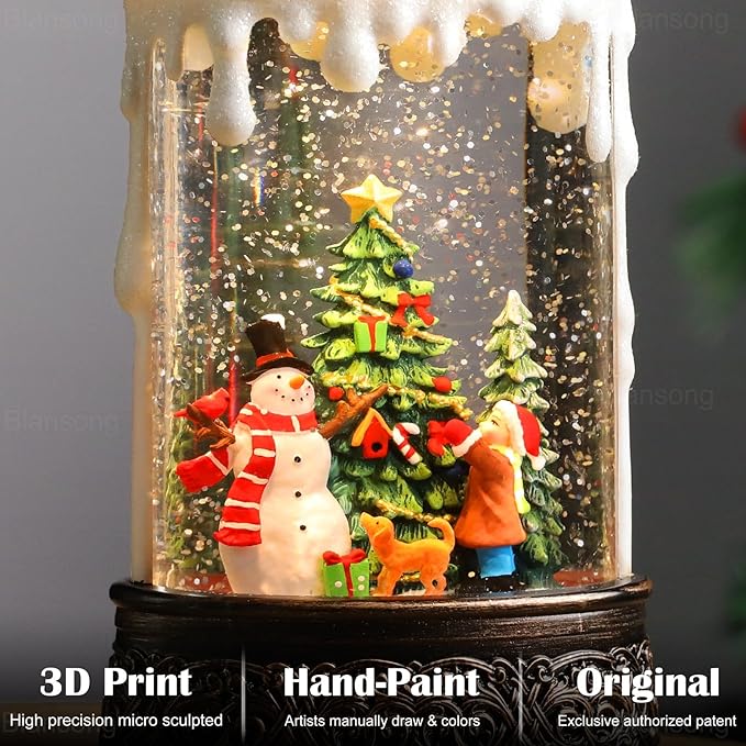 Christmas Snow Globe Candle Christmas Decorations Indoor Auto Snowfall Glitter Music Collection Snowman Child Tree with 6H Timer USB/Battery Powered 9.7 inch