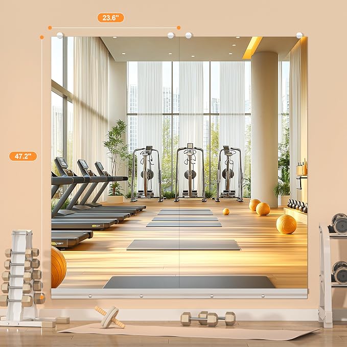 Hasipu Home Gym Mirror, 48"x24" Each, 4-Pack Frameless Wall Mounted Mirrors with Glass Clamps & 2 Aluminum Rail, Large Body Mirror for Home Gym, Yoga Studio, Bedroom, Silver Tempered Glass