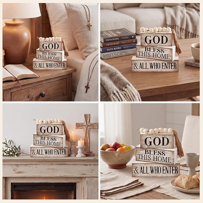 Moucuny 4 Pcs Christian Table Decor Rustic Wooden Block Sign Set with God Bless This Home & All Who Enter Farmhouse Stacked Decor with Beaded Garland Tassel Christian Home Decors for Office, Shelf