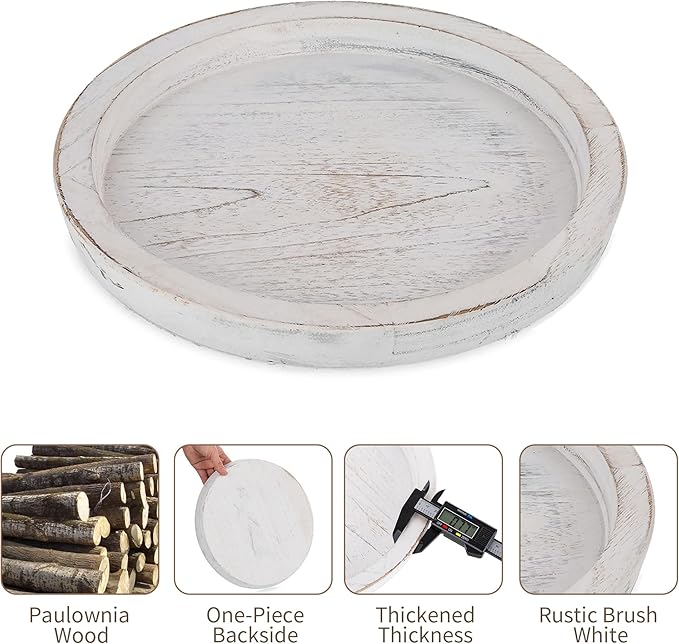 Hanobe Rustic Wooden Serving Tray: Round Wood Decorative Tray Rustic White Set of 2 Centerpiece Candle Holder Trays Farmhouse Ottoman Tray for Kitchen Counter Home Decor for Coffee Table