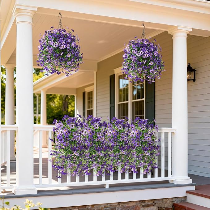 Artificial Flowers for Outdoors, 2 Pcs Fake Hanging Flowers Plants Outdoors Spring Summer Decoration, UV Resistant Faux Flower for Outdoor Planters Porch Patio Yard Window Home Decor(Gradient Purple)
