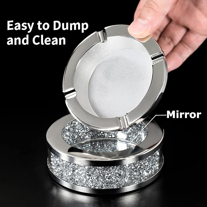 Ashtray, Cool Ashtrays for Cigarettes Outdoor, Cute Glass Ash Tray for Office Tabletop, Crushed Diamond Home Decor, Bling Crystal Decorative Ashtray for Smokers Indoor Use, 4"L x 4"W x 1.57"H, Silver