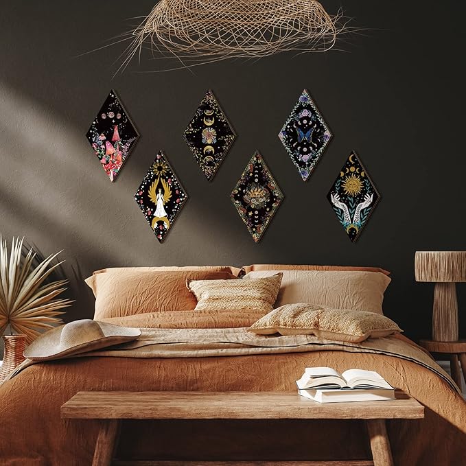 Qunclay 6 Pcs Witchy Gothic Wall Decor Rustic Boho Home Decor Sun Moon Mushroom Phases Wall Art Gothic Star Hanging Wooden Decoration Farmhouse Pediments for Bedroom Living Room Gallery(Moon Sun)