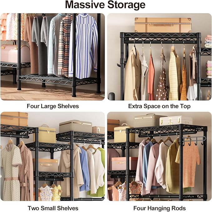 Heavy Duty Garment Rack Clothes Rack,Large Metal Closet Organizer System Storage Wardrobe,Freestanding Clothing Rack Black 15.75" D x 77.5" W x 77" H