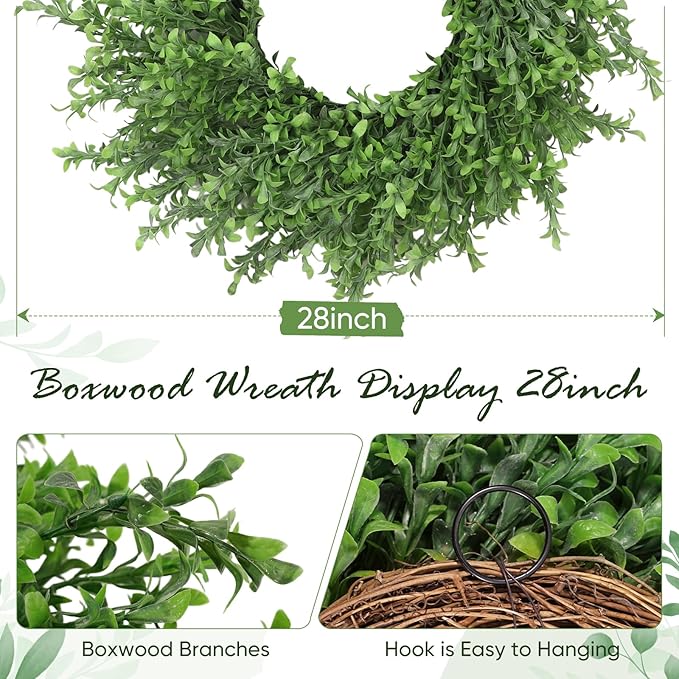Artificial Boxwood Wreath, Spring Wreath for Front Door, Realistic Green Wreath for All Seasons Farmhouse Indoor Outdoor Home Decor (28 inches)