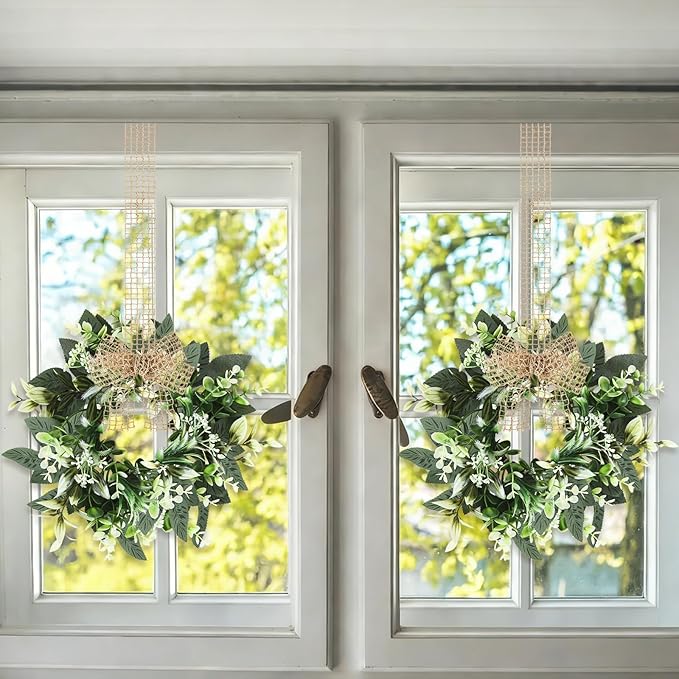 4 PCS Small Eucalyptus Leaves Cabinet Wreath Artificial Mini Spring Summer Greenery Kitchen Wreaths Vintage Swags Wreath with Retro Burlap Ribbon for Farmhouse Rustic Home Door Wedding Wall Decor