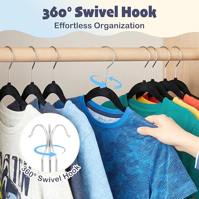 HOUSE DAY 14 Inch Kids Velvet Hangers 100 Pack, Durable Big Kid Hangers for Youth, Teen, Non Slip Kids Felt Hanger, Cute Childrens Hanger for Closet, Black