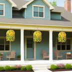 Artificial Faux Hanging Flowers Basket for Spring Summer Outdoor Porch Decor, Fake Silk Colorful Morning Glory Eucalyptus in Planter UV Resistant Look Real for Home Balcony Yard(Yellow)