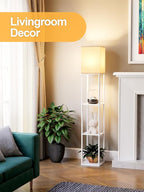 Floor Lamp with Shelves for Living Room White, Shelf Floor Lamp with 3 CCT LED Bulb, Corner Display Standing Column Lamp Etagere Organizer Tower Nightstand with White Linen Shade for Bedroom, Office