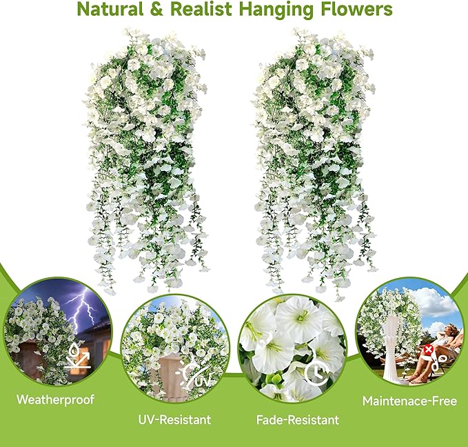 Artificial Hanging Flowers for Outdoors, 2 PCS UV Resistant Faux Silk 150 Morning Glory Each Trailing Vines, Fake Plants for Spring Outdoor Garden Planter Porch Patio Decoration, White