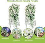 Artificial Hanging Flowers for Outdoors, 2 PCS UV Resistant Faux Silk 150 Morning Glory Each Trailing Vines, Fake Plants for Spring Outdoor Garden Planter Porch Patio Decoration, White