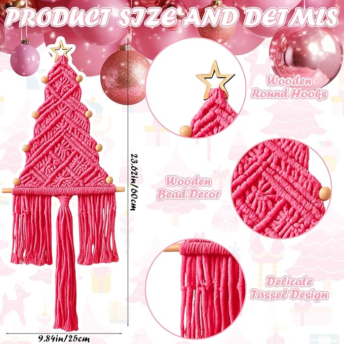 HunnmingRe 3 Pcs Large Macrame Christmas Tree Macrame Christmas Wall Decoration Hanging Ornaments Boho Wall Decor for Party Supplies (Beige,Light Pink and Dark Pink)