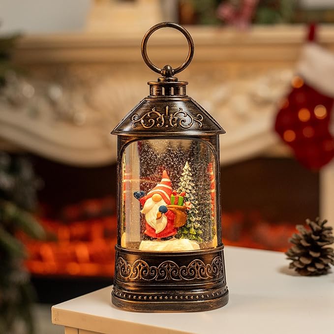 Christmas Snow Globe Lantern, Glitter Lighted Gnomes Snow Globe with Music,Musical Christmas Decorations USB and Battery Operated, Gnome Christmas Decor