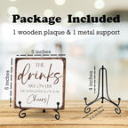 Bar Signs For Home Bar Decorations For Home 5 Inches Wooden Plaque With Iron Support, The Drinks Are On Us! The Hangover Is On You Cheers! Pubs Decor, Bar Accessories(Light Grey) - D04