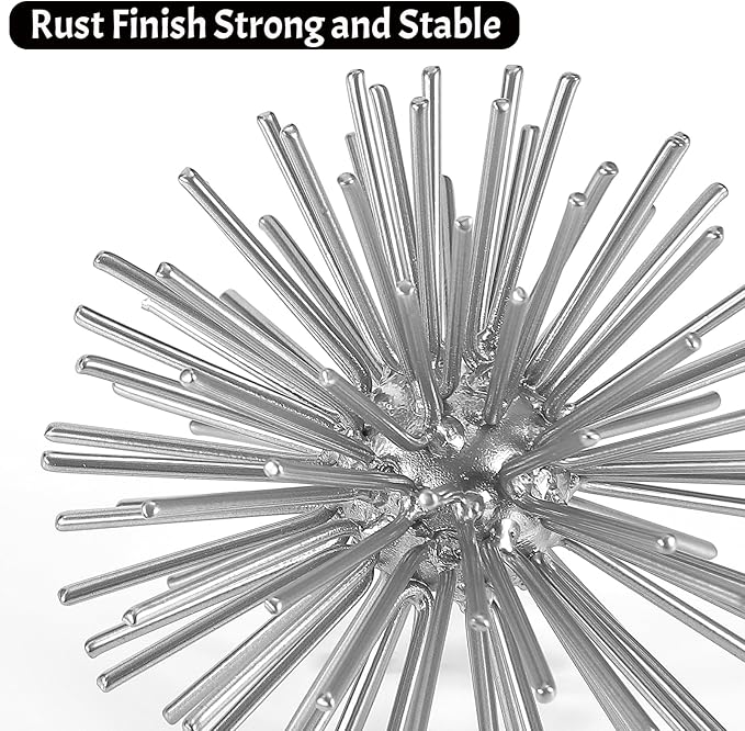 Silver Sphere Decor, Metal Starburst Tabletop Sculpture Decor, Mid-Century Modern Metal Starburst Centerpiece, Spike Ball Decoration for Home, Coffee Table Decor