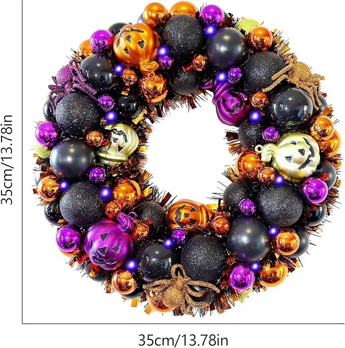 HipTree 13.8 Inch Halloween Ball Wreath for Front Door with Lights, Lighted Cute Treat-or-Trick Door Wreath Ball Ornament for Halloween Indoor Decorations Centerpiece Party Holiday Wall Home Decor