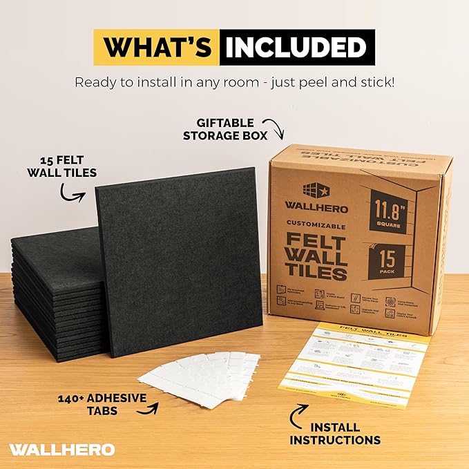 WALLHERO Vision Board - Large Cork Board for Walls 59" x 36", Black Bulletin Board | 15 Pack Felt Wall Tiles | Cork Boards for Office Pin Board Tack Board Cork Boards