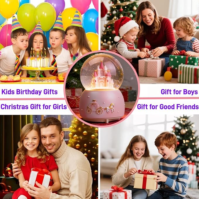 Pink Castle Snow Globes, Girls Music Snowglobes with LED 7 Colors Lights, Automatic Snow Fall Effect, Home Decor for Kids Room Essentials, Gifts for Birthday Christmas Valentines Mother's Day (Pink)