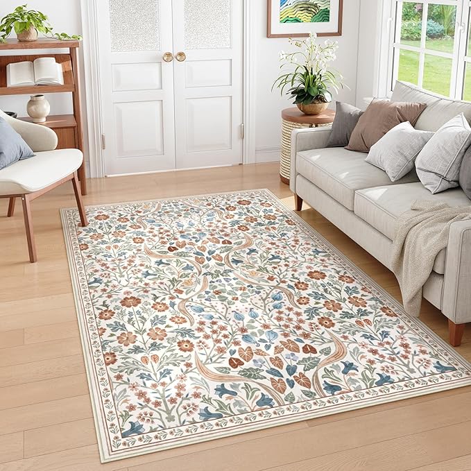 Moynesa Floral 5x7 Area Rugs, Machine Washable Rugs for Bedroom, Non Slip Boho Rugs for Living Room, Large Flower Stain Resistant Floor Carpet for Dining Room Home Office, Beige