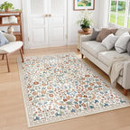 Moynesa Floral 5x7 Area Rugs, Machine Washable Rugs for Bedroom, Non Slip Boho Rugs for Living Room, Large Flower Stain Resistant Floor Carpet for Dining Room Home Office, Beige