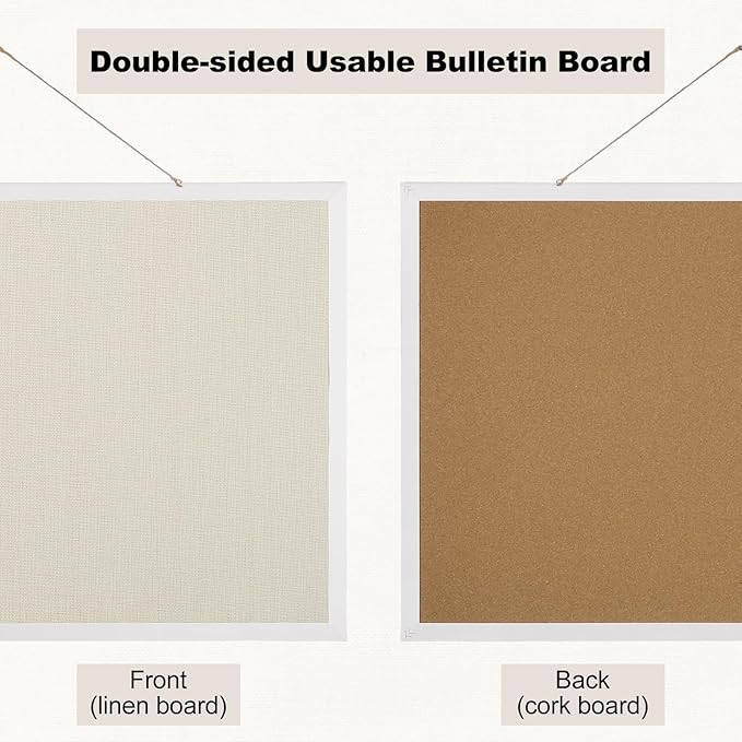 Thboxes Cork Board with Linen, 30" x 20" Double-Sided Bulletin Board Corkboard for Wall Picture Display Framed Vision Boards for Home Office School Pin Boards with 20 Pushpins &10 Clips