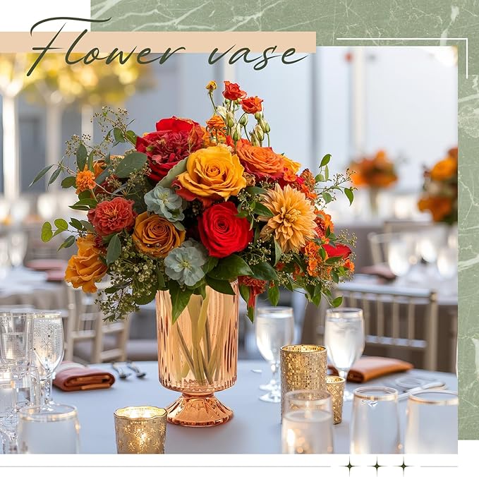 6 Pcs (H:7" W:4") Embossed Flower Vase Pedestal Glass Vase Big Base Thickened Crystal Vintage Vases for Valentines Day Wedding Home Decor Table Centerpiece House Warming Gifts(Amber)