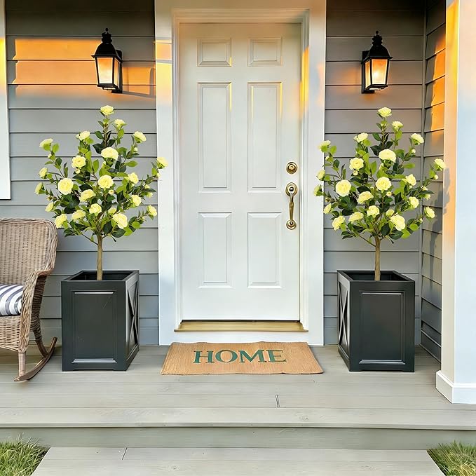 Bellacat 5ft Artificial Camellia Tree with Silk Yellow Flowers, 60in Faux Camellia Plant with Lifelike Trunk, Fake Flower Tree Potted Front Door Plants for Porch Patio Deck Living Room Decor, 2Pack