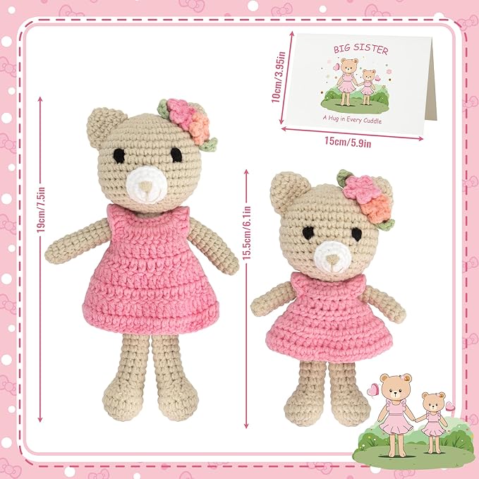 Big Sister Crochet Gift – Big Sister Little Sister Bear Dolls, Handmade Matching Stuffed Animals for Sibling Celebration, Older Sister Gift