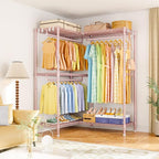 E15 Garment Rack L Shaped Clothes Rack for Corner，Freestanding Clothing Racks for Hanging Clothes，Heavy Duty Closet Organizer with 4 Hanging Rods & 8 S Hooks，43.4" W x 15.8" D x 78.4" H，Pink