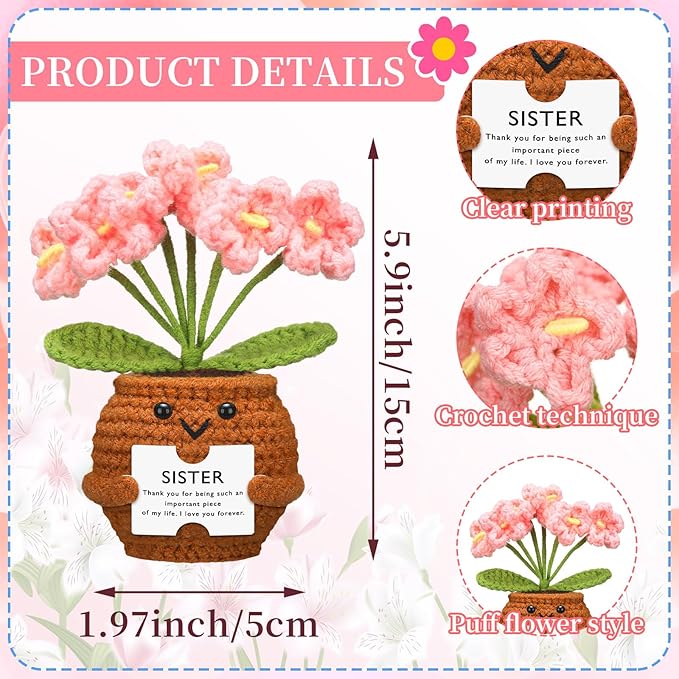 Wavwavw Sister Gifts Handmade Crochet Doll with Card Crochet Present for Sisters Sis Big Little Sister Birthday Wedding Home Decor(Myosotis)