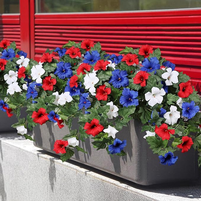 HyeFlora Artificial Flowers for Outdoors 2PCS Spring Faux Morning Glory Look Real Silk Flowers for Outside Planter UV Resistant Fake Flowers for Home Garden Balcony Yard Porch Deco (RedBlueWhite)
