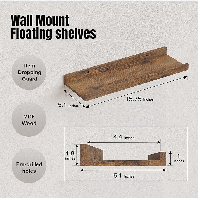 RICHER HOUSE 3 Set Floating Shelves for Wall Decor, 16 inches Wall Mounted Book Shelf, Nursery Shelves Picture Ledge Shelf with Lip for Storage, Bedroom, Living Room, Bathroom - Brown