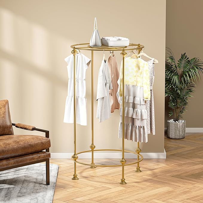 Round Clothes Display Retail Rack, Floor-Standing Heavy-Duty Garment Hanging Rack, Clothing Racks with Topper, Multi-Purpose Clothing Organizer for Boutique Retail Store Laundry Home Gold