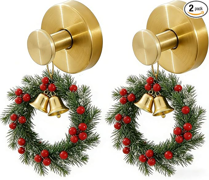 Suction Cup Hooks for Wreaths on Glass,Wreath Hangers for Front Door,2026 Upgraded Drill-Free Suction Cup Hooks for Over The Door/Glass Window/Bathroom Christmas Decor,Reusable Holder(2pcs gold)