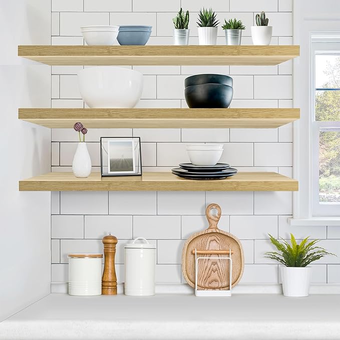 Sorbus Floating Shelves for Wall - 48 Inch Long Bathroom Shelves, Wall Decor for Bedroom, Kitchen, Living Room & Book Storage - Mounted Floating Shelf with Invisible Brackets (Maple Wood, 2 Pack)