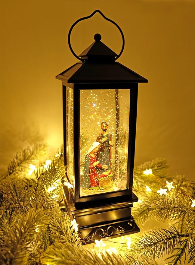 Wondise Lighted Musical Snow Globe Lantern with 6 Hour Timer, 12 Inches USB Powered and Battery Operated Spinning Water and Swirling Glitter Christmas Snow Globe Lantern Gifts(Nativity)