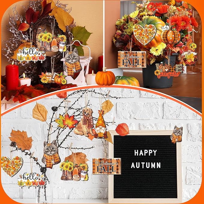 Sintuff 36 Pieces Fall Tree Ornaments Thanksgiving Wooden Hangings Decorations for Small Tree Harvest Vintage Pumpkin Gnome Maple Leaf Party Wood Hanging Sign Fall Autumn Home Party Supplies
