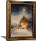 Vintage Nativity Scene Gold Framed Wall Art Birth of Jesus Christmas Christian Painting Canvas Prints Mary Joseph Holy Family Picture Star of Bethlehem Poster Artwork for Church Prayer Room, 12x16in