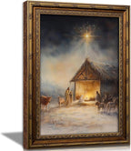 Vintage Nativity Scene Gold Framed Wall Art Birth of Jesus Christmas Christian Painting Canvas Prints Mary Joseph Holy Family Picture Star of Bethlehem Poster Artwork for Church Prayer Room, 12x16in