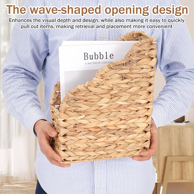 Water Hyacinth Magazine Holders, Scalloped Edge, Natural Handwoven Rattan Storage Baskets, Large and Small Size Packages, Storage Bin & Organizer for Files, Books, Newspapers, Decorative Storage Bin