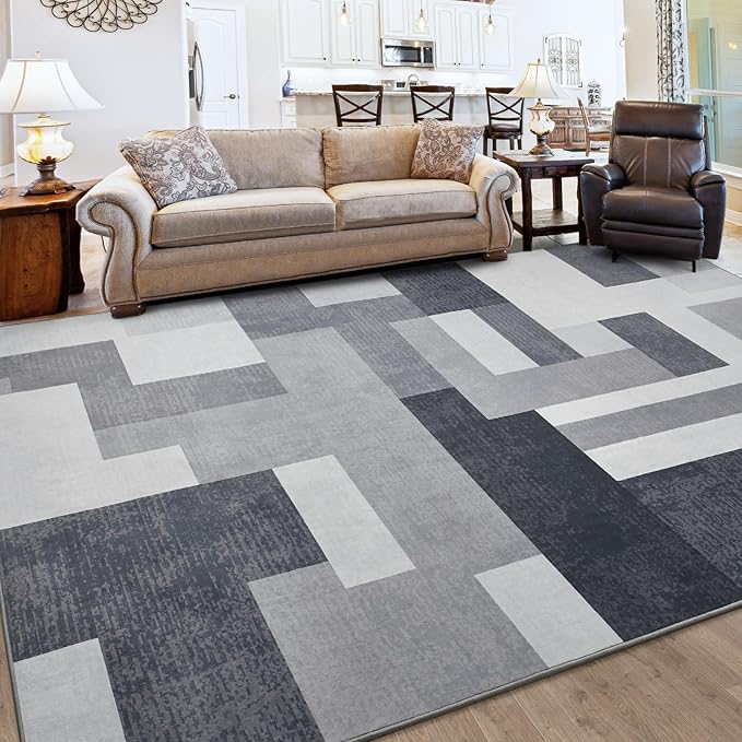 FlyDOIT Modern Geometric Patchwork Area Rug, 6x9 Gray Large Rugs for Living Room, Rockwood Collection Indoor Rugs for Bedroom, Throw Carpet Floor Decor for Entryway Dining Room Office Dorm Nursery