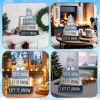 Lineshading 4 Pcs Christmas Table Decoration Blue and White Snowman Decor Winter Tiered Tray Decor Christmas Centerpiece Decorative Wooden Snowman Block Sign Gift Winter Decoration for Home Kitchen