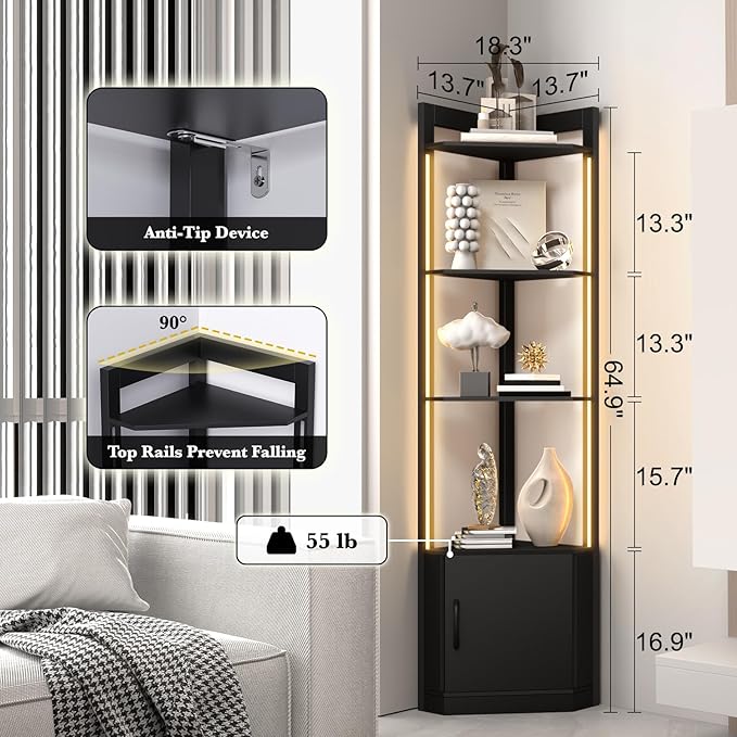 5-Tier Corner Shelf with RGB LED Light, 65" Tall Display Cabinet with Storage, Remote & APP Control, Adjustable Brightness/Color Temp, Floor Lamp with Shelves for Living Room Bedroom (Black)