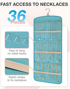 BAGSMART Hanging Jewelry Organizer, Necklace Holder Anti-tangle Earrings Rings Hanger with 20 Jewelry Bags Travel Storage Roll with Pockets Hang on Closet, Wall, Door,1 Piece, Large, Teal