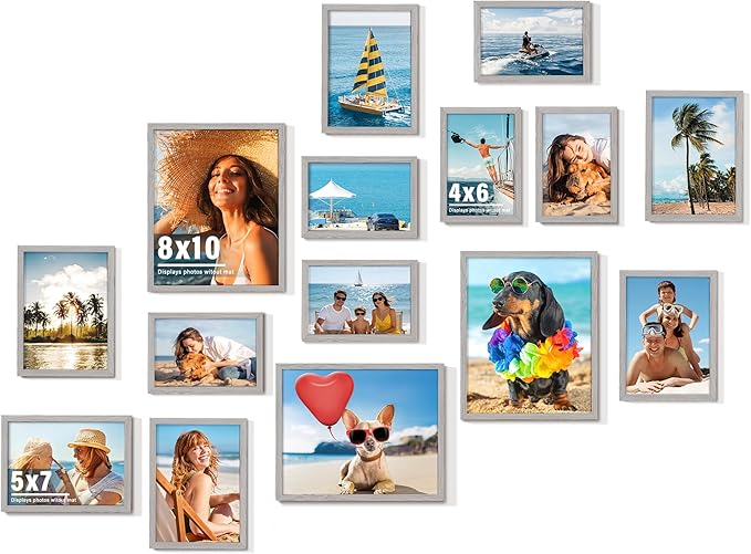 15 Pack Picture Frames Collage Wall Decor, Grey Frame Set with 3pcs 8x10, 6pcs 5x7, 6pcs 4x6 for Gallery Display, Wall Mounting & Tabletop, Bulk Photo Frames for Living Room Decor